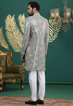 Embroidered Art Silk Sherwani in Dusty Green