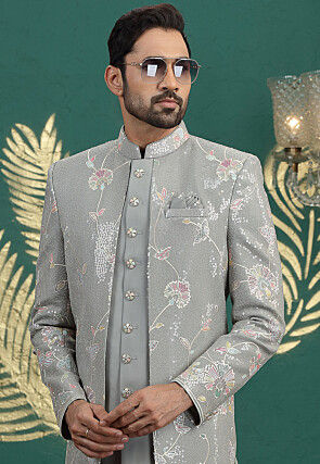 Embroidered Art Silk Sherwani in Dusty Green