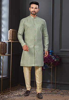 Embroidered Art Silk Sherwani in Dusty Green