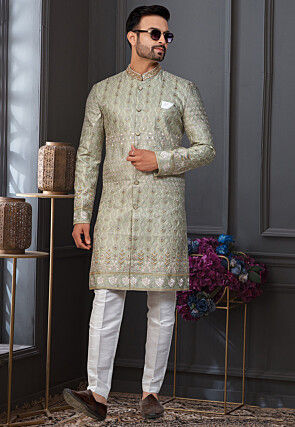 Embroidered Art Silk Sherwani in Dusty Green