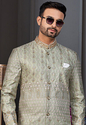 Embroidered Art Silk Sherwani in Dusty Green