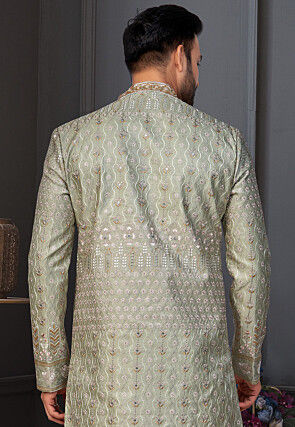 Embroidered Art Silk Sherwani in Dusty Green