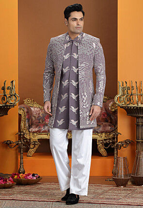 Embroidered Art Silk Sherwani in Dusty Purple
