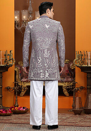 Embroidered Art Silk Sherwani in Dusty Purple