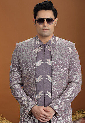 Embroidered Art Silk Sherwani in Dusty Purple