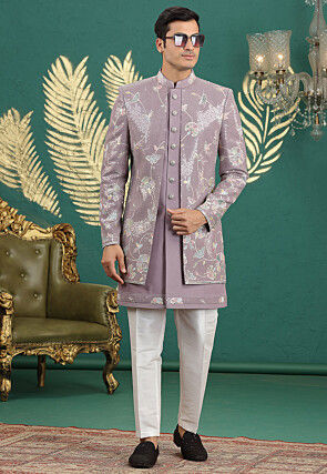 Embroidered Art Silk Sherwani in Dusty Purple