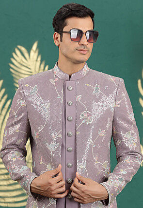 Embroidered Art Silk Sherwani in Dusty Purple