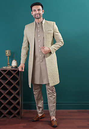 Embroidered Art Silk Sherwani in Fawn