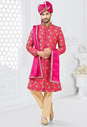Embroidered Art Silk Sherwani in Fuchsia