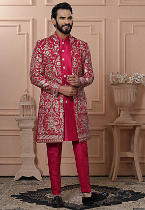 Embroidered Art Silk Sherwani in Fuchsia