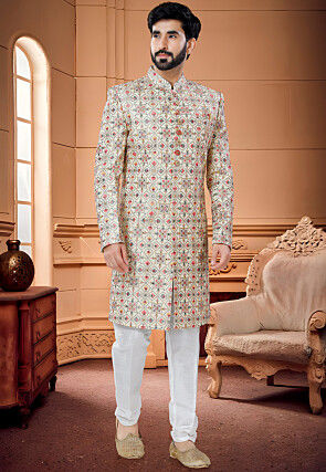 Embroidered Art Silk Sherwani in Golden