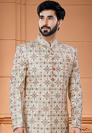 Embroidered Art Silk Sherwani in Golden