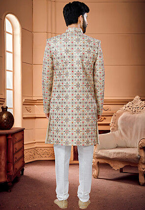Embroidered Art Silk Sherwani in Golden