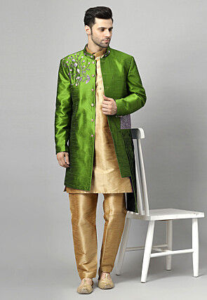 Embroidered Art Silk Sherwani in Green and Golden