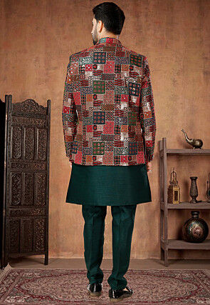 Embroidered Art Silk Sherwani in Green and Multicolor
