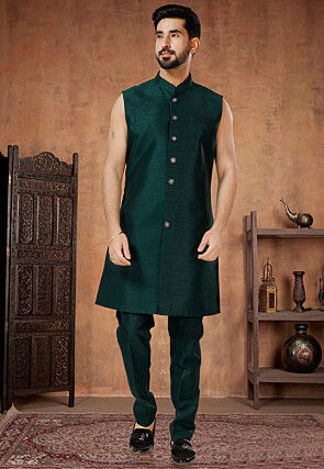 Embroidered Art Silk Sherwani in Green and Multicolor