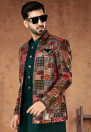 Embroidered Art Silk Sherwani in Green and Multicolor