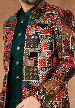 Embroidered Art Silk Sherwani in Green and Multicolor