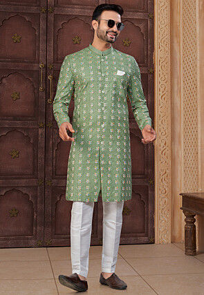 Embroidered Art Silk Sherwani in Green