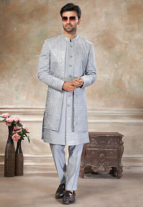 Embroidered Art Silk Jacket Style Sherwani in Grey