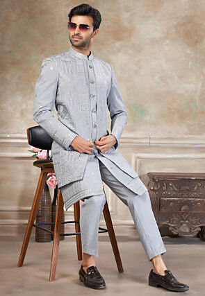 Embroidered Art Silk Jacket Style Sherwani in Grey