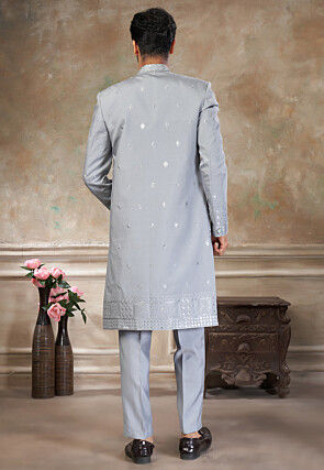 Embroidered Art Silk Jacket Style Sherwani in Grey