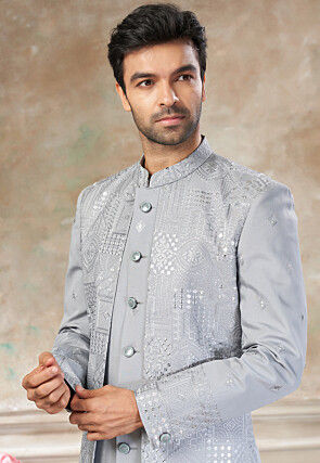 Embroidered Art Silk Jacket Style Sherwani in Grey