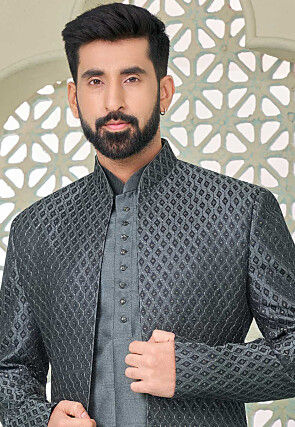 Embroidered Art Silk Sherwani in Grey