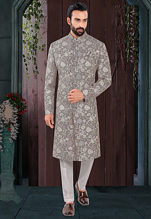Embroidered Art Silk Sherwani in Grey