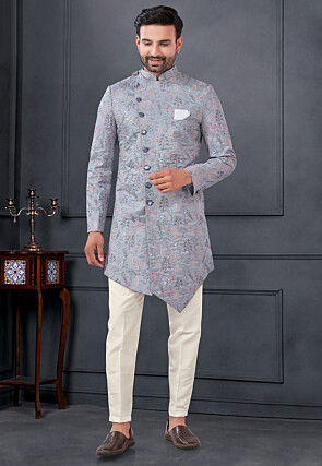 Embroidered Art Silk Sherwani in Grey