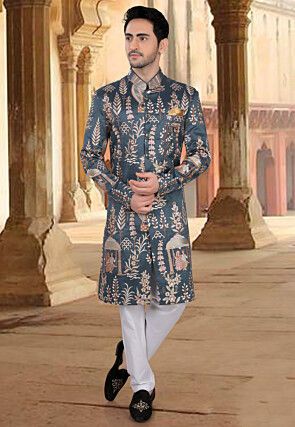 Embroidered Art Silk Sherwani in Grey