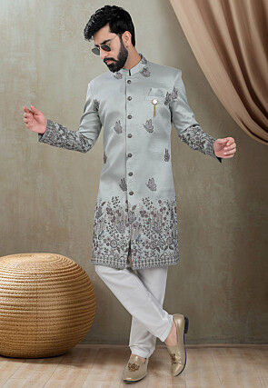 Embroidered Art Silk Sherwani in Grey