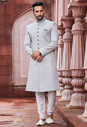Embroidered Art Silk Sherwani in Grey
