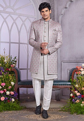 Embroidered Art Silk Sherwani in Grey
