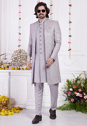 Embroidered Art Silk Sherwani in Grey