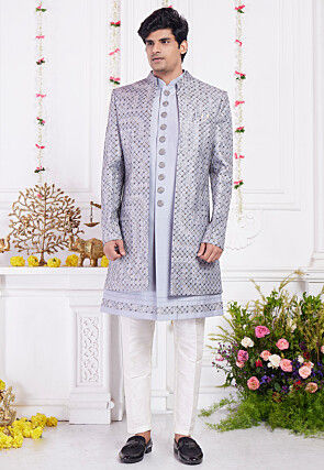 Embroidered Art Silk Sherwani in Grey