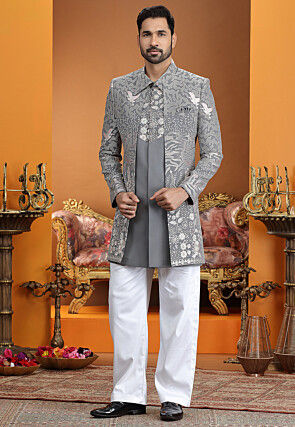 Embroidered Art Silk Sherwani in Grey