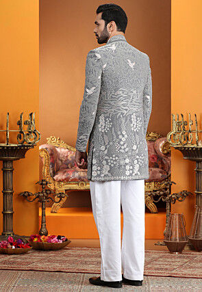 Embroidered Art Silk Sherwani in Grey