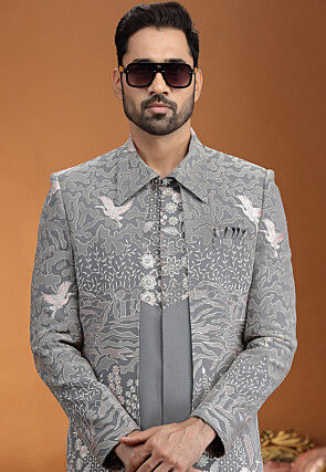 Embroidered Art Silk Sherwani in Grey