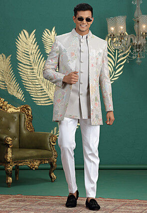 Embroidered Art Silk Sherwani in Grey