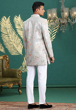 Embroidered Art Silk Sherwani in Grey