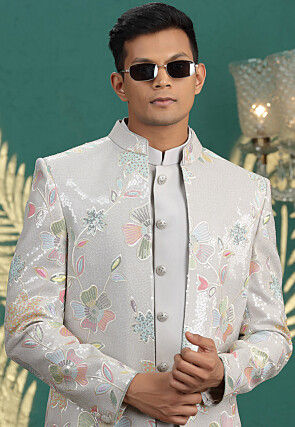 Embroidered Art Silk Sherwani in Grey