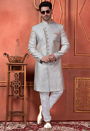 Embroidered Art Silk Sherwani in Grey