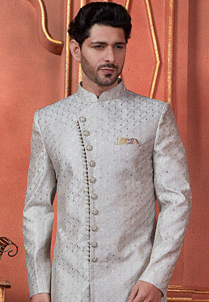 Embroidered Art Silk Sherwani in Grey