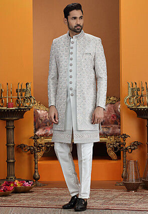Embroidered Art Silk Sherwani in Grey