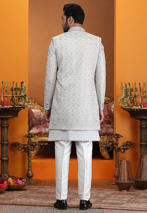 Embroidered Art Silk Sherwani in Grey