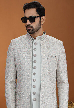 Embroidered Art Silk Sherwani in Grey