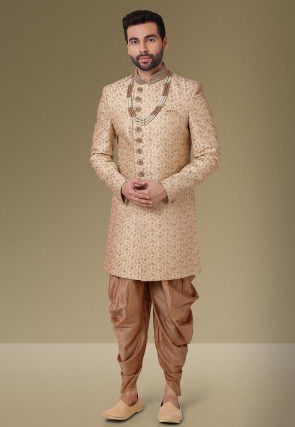 Embroidered Art Silk Sherwani in Light Beige