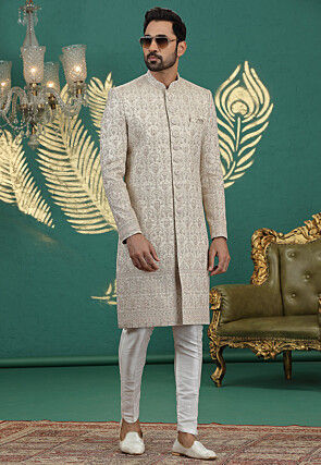 Embroidered Art Silk Sherwani in Light Beige