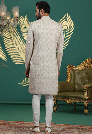 Embroidered Art Silk Sherwani in Light Beige